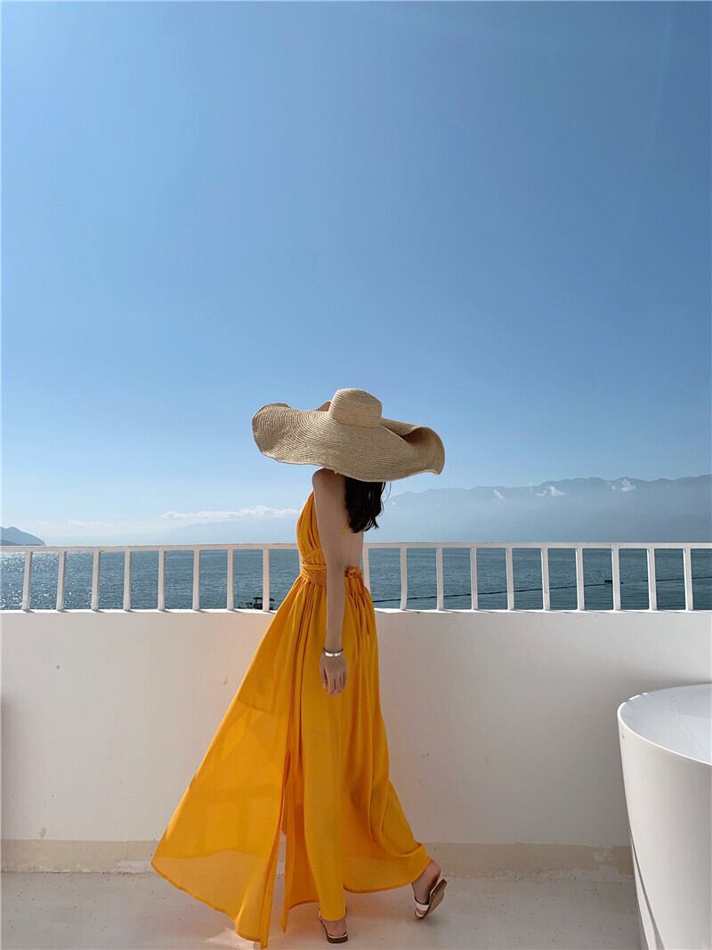 【dress】Vネック海旅行バックレスワンピースF7267