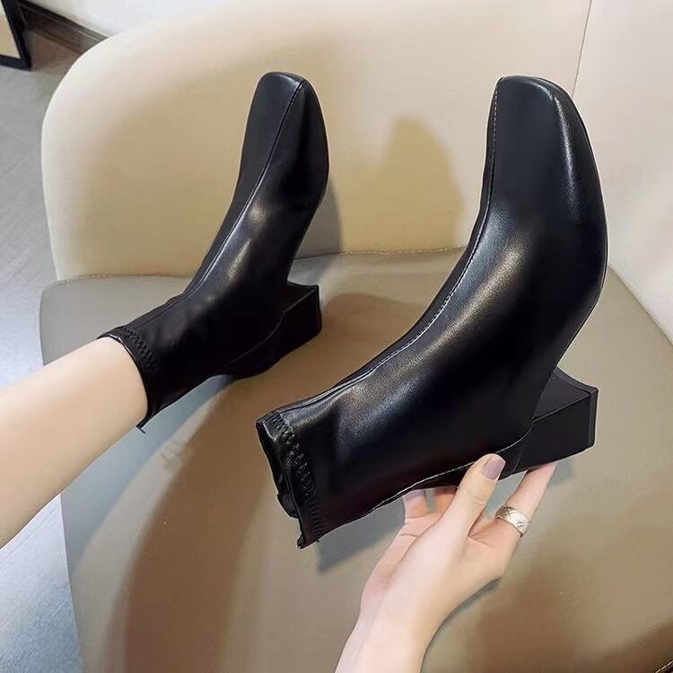 【shoes】ジッパー付きチャンキーヒールブーツF3431