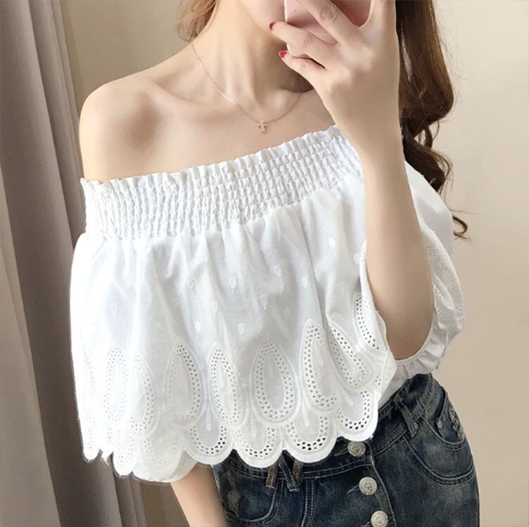 【set】好感度UP無地オフネックブラウス+レースデニム切り替えスカートおしゃれセットアップ