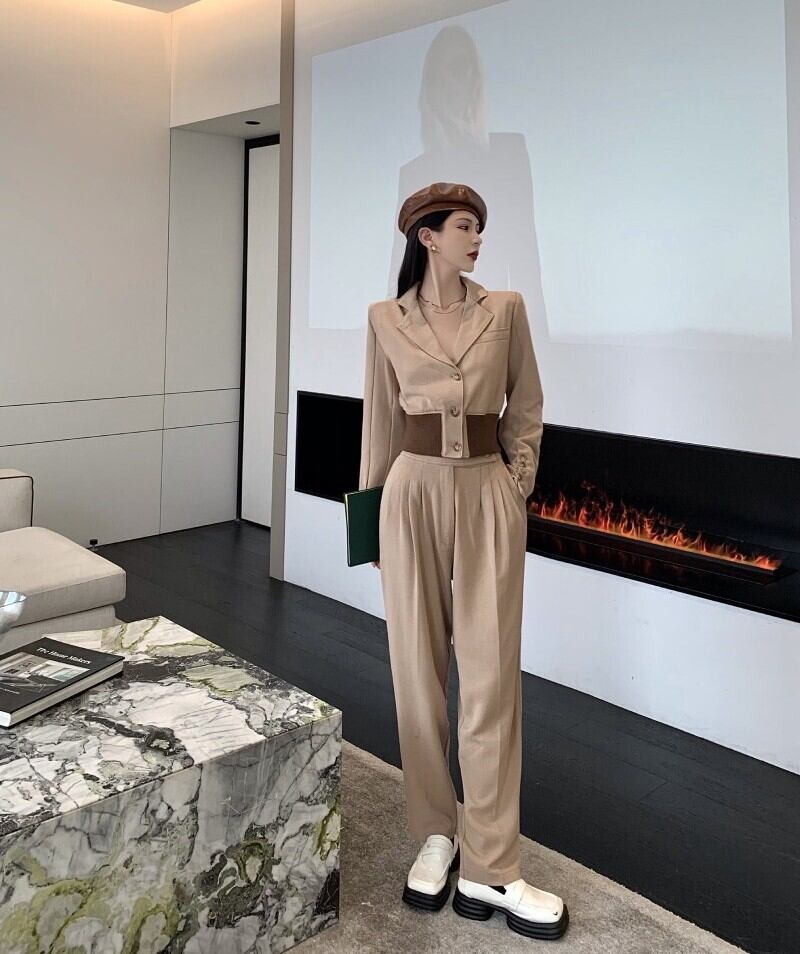 【set】絶対欲しい!気質満点レトロシンプル長袖アウター+ハイウエストパンツ2点セット G3989