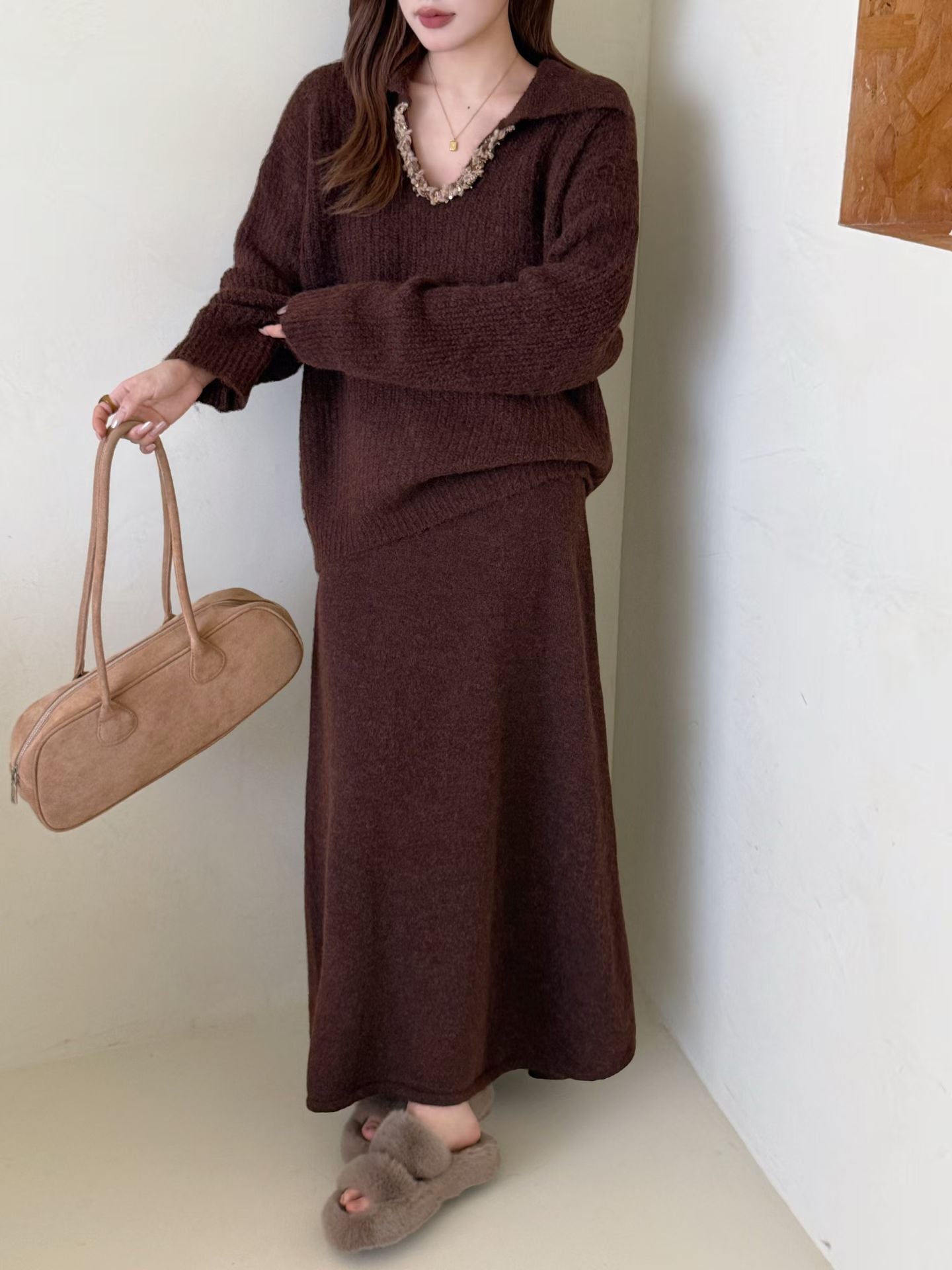 【set】Vネックニットトップス×ロングスカートセット Q7278