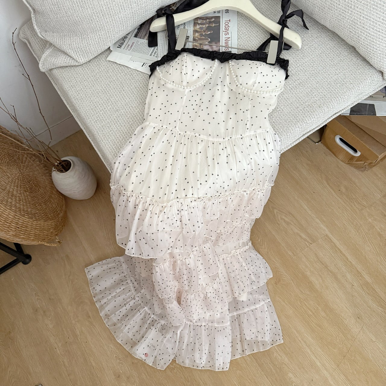 【dress】ショルダーリボンドット柄ワンピース M32122