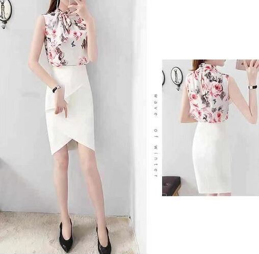 【set】必ず目を引く2点セットタイカラー花柄配色ブラウス+イレギュラー無地スカート通勤日常セットアップF2407