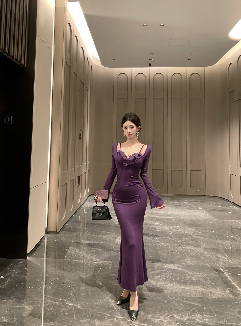【dress】レースフェイクレイヤードワンピース Q7514