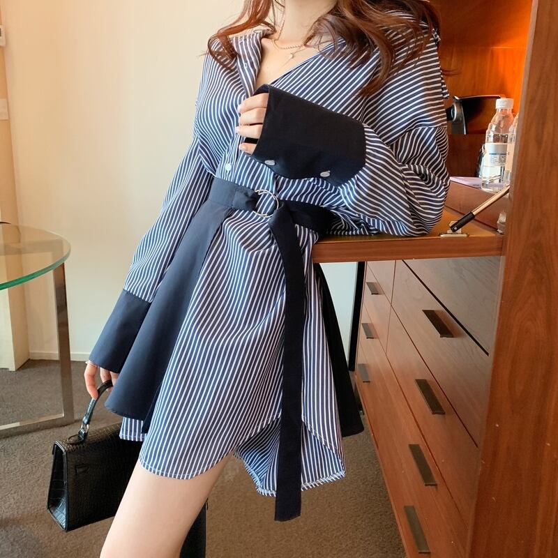 【set】ファッション気質満点個性派スカート+切り替えストライプ柄シャツワンピース2点セット G9207