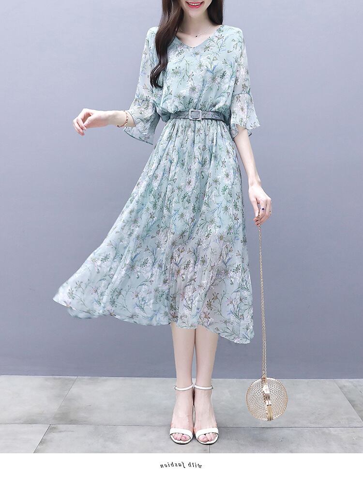 【dress】女性力を高める〜Vネックフレアスリーブ韓国ファッション花柄ワンピースF0295