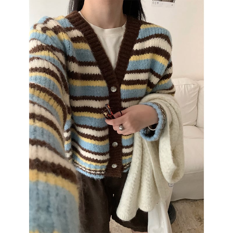 【outer】ボーダー柄ニットカーデ M27406