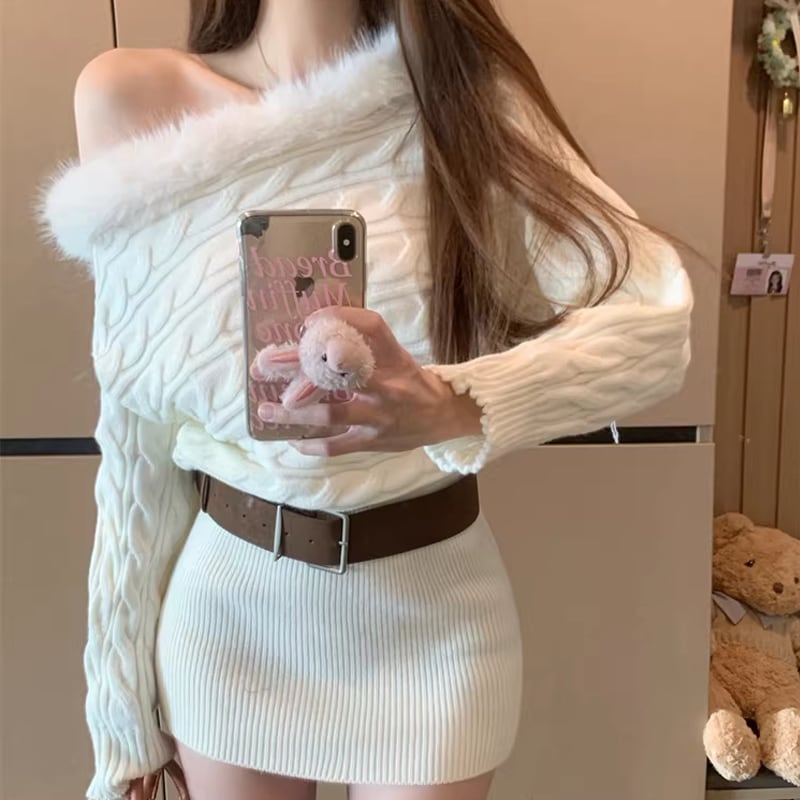 【dress】ファードッキングオフショルダーニットワンピース Q7731