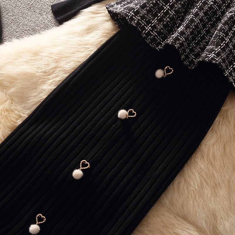 【set】店長推薦秋冬新作無地着やせセーター+チェック柄ベスト+ビーズ飾りタイトスカート通勤日常3点セットF0999