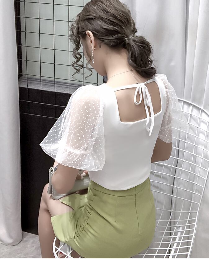 【tops】韓国風INS風スクエアネックメッシュ半袖着やせ無地TシャツF2235