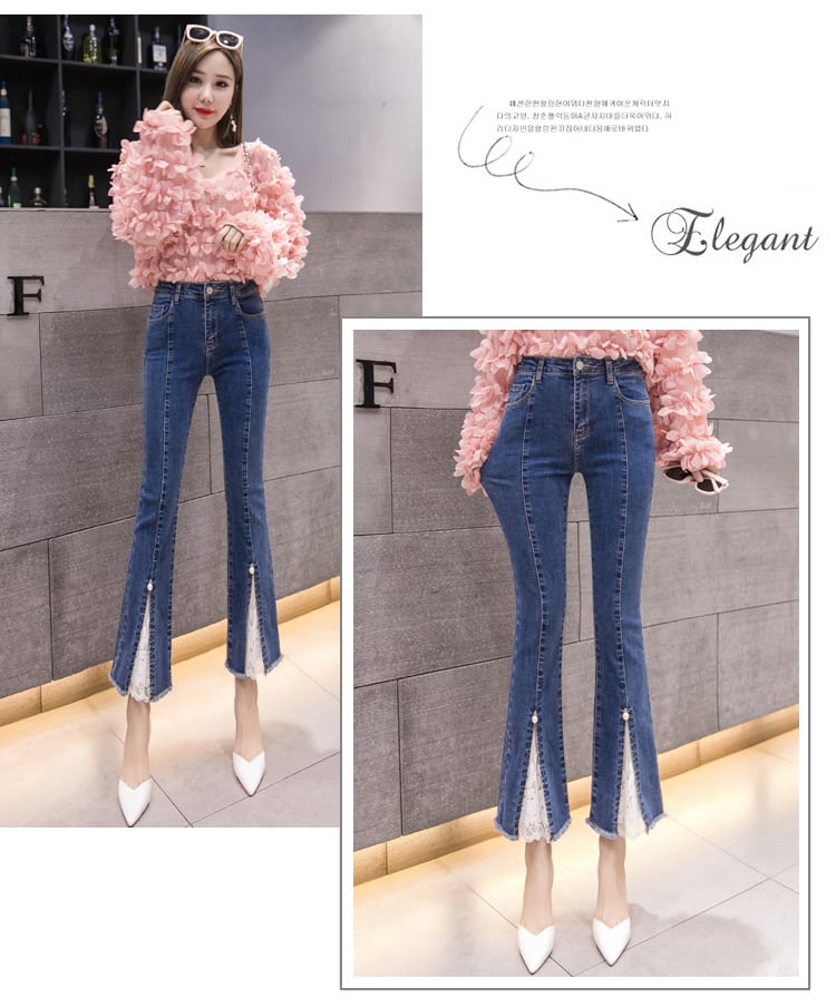 【bottoms】好感度UP!合わせやすい九分丈ハイウエスト着痩せ切り替えレースデニムパンツ G3448