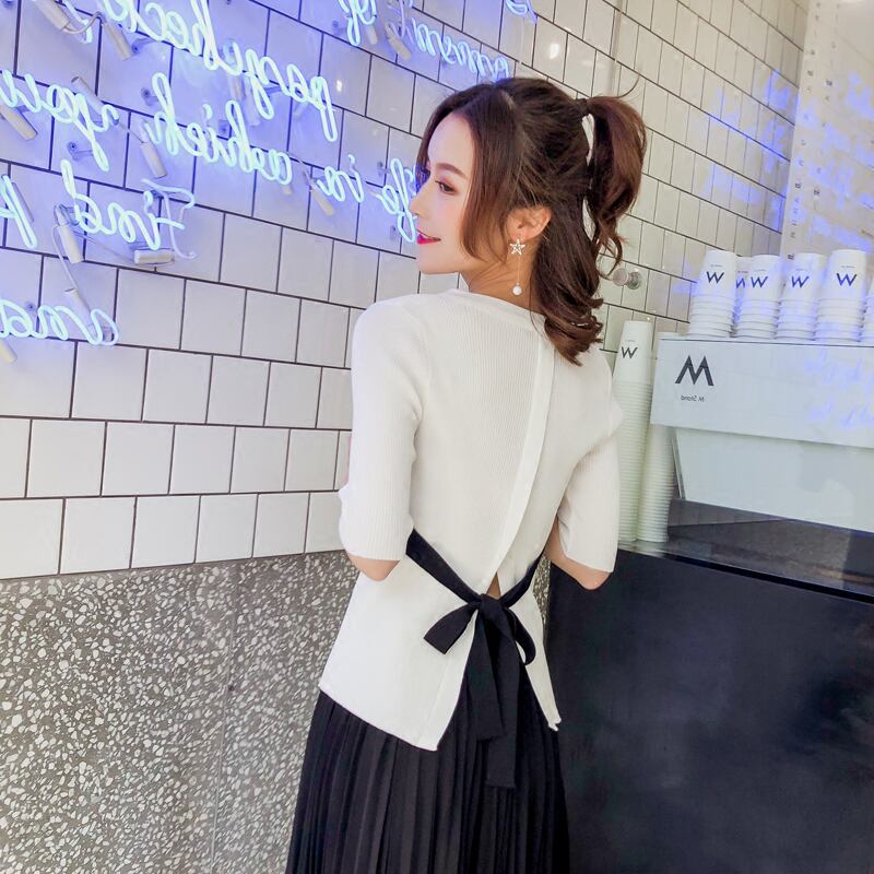 【set】韓国ファッション無地蝶々結びTシャツ+ビーチ無地ガウチョパンツおしゃれセットアップ