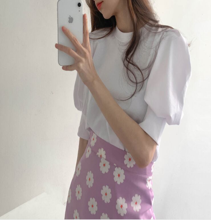 【set】無地パフスリーブブラウス+花柄スリットスカートセットアップF0089