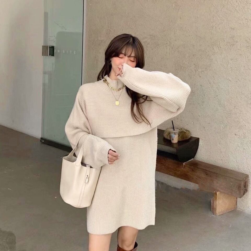 【set】2点セット無地パフスリーブセーター+体型カバーワンピース通勤日常ニットセットアップF0855