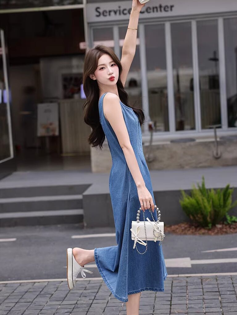 【dress】ロングデニムベストワンピース Q8423