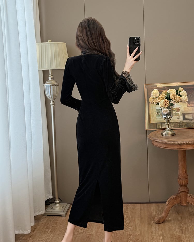 【dress】レースドッキングベルベットワンピース Q7496