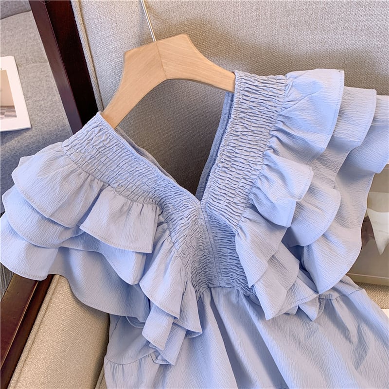 【tops】VネックノースリーブフリルタンクトップF7294