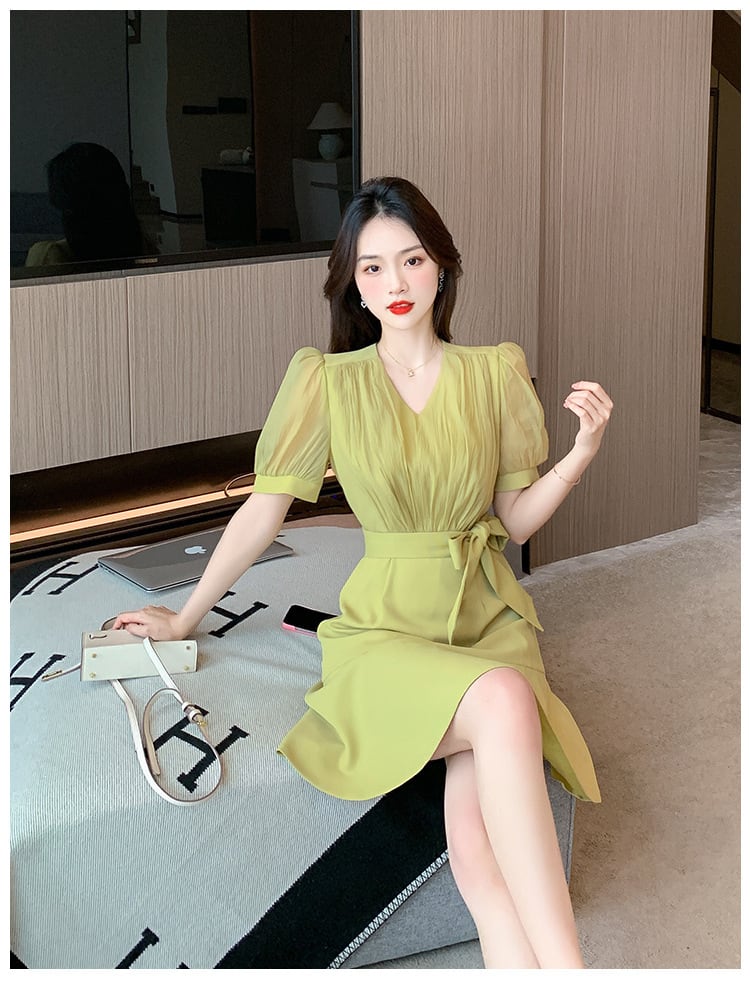 【dress】Vネックパフスリーブマーメイドワンピース G21511