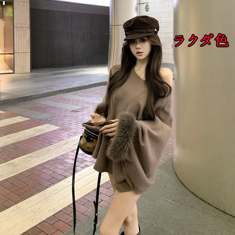 【tops】ファー長袖ニットセーターF8421