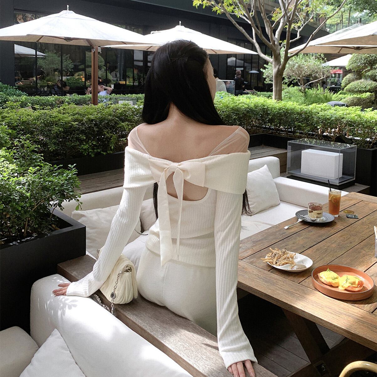 【tops】チュールドッキングリボンニットトップス N3490