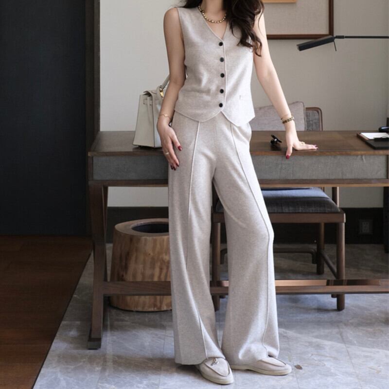 【set】ニットベスト×ニットカーデ×ワイドパンツセット M25865