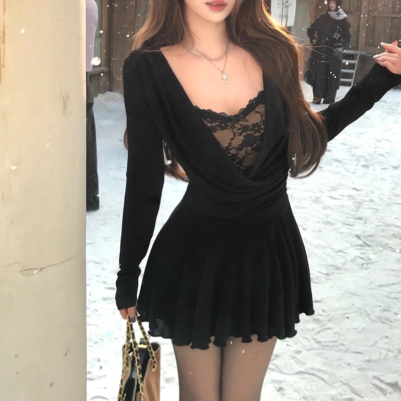 【dress】レースドッキングフレアワンピース Q7616