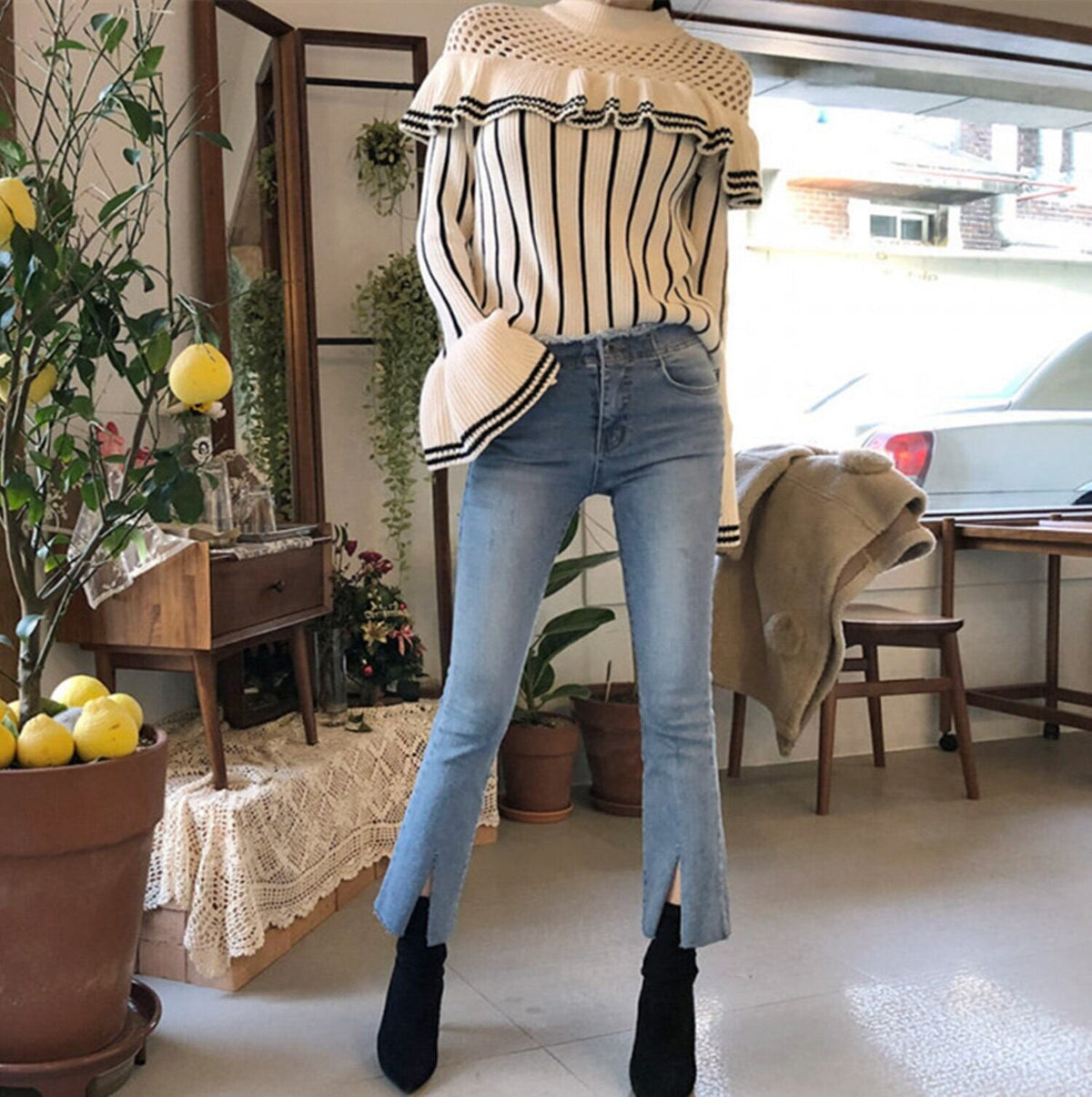 【tops】ストライプ柄フレアスリーブニットセーター N2119