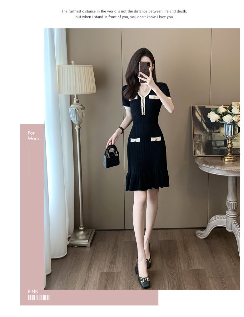 【dress】Vネックマーメイドニットワンピース G20250