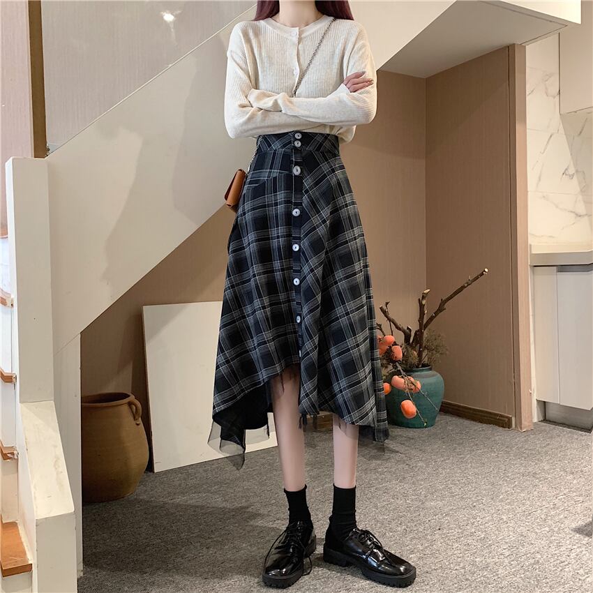 【bottoms】スウィート気質満点デザイン不規則チェック柄ハイウエストスカート