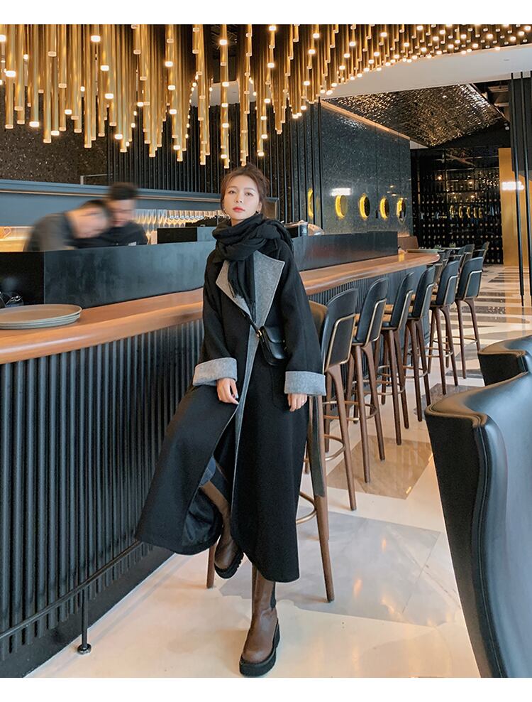 【outer】好感度満載!大きいラペル配色リボン長袖着回しAライン厚手秋冬ロング丈アウターコートF0895