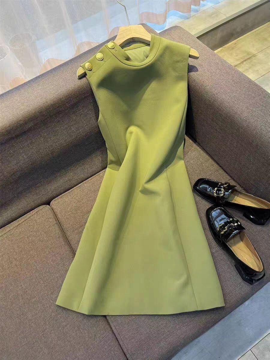 【dress】気質アップ夏新作2色ハーフネックノースリーブ無地人気AラインワンピースF5332