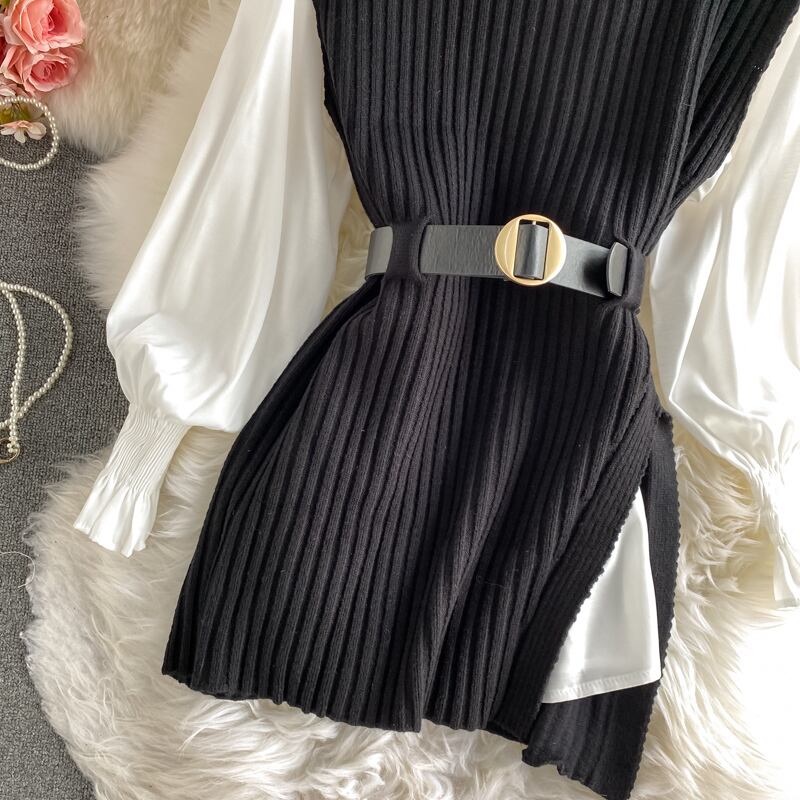 【set】好感度UP!気質満点レトロ韓国系着痩せニットベスト+シャツ2点セット G1682