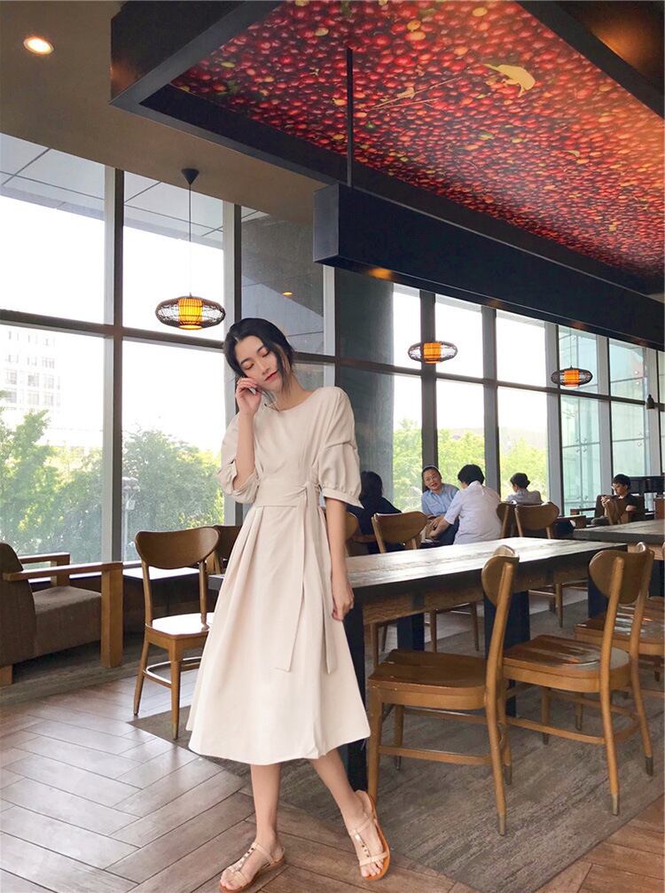 【dress】高級感気質満点着痩せファッションシフォンラウンドネック無地ワンピース