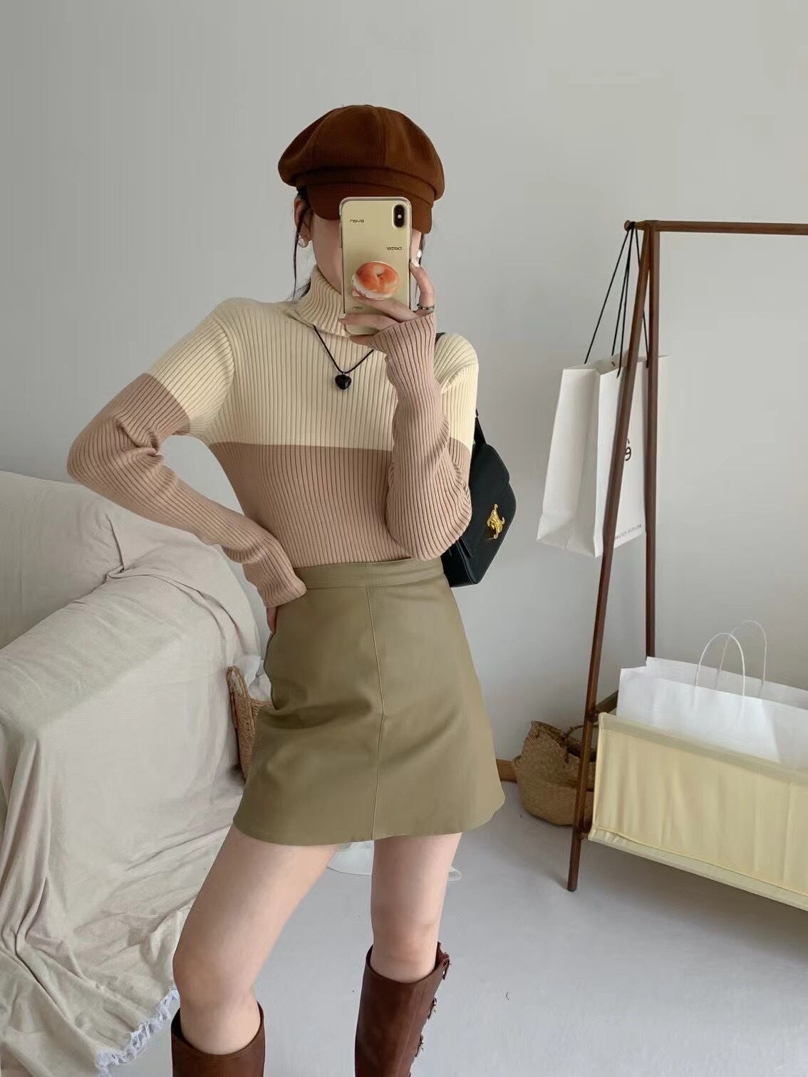 【tops】配色ハイネックニットプルオーバー M18923