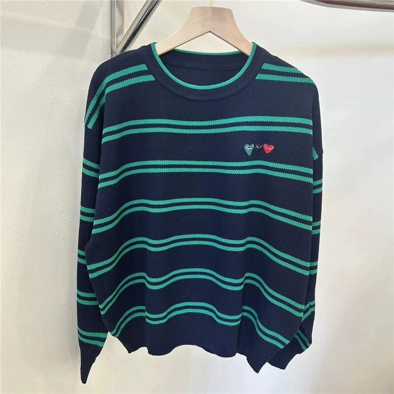 【tops】刺繡ボーダー柄ニットセーター N2090