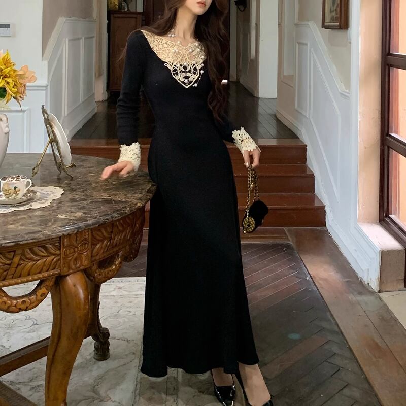 【dress】レースドッキングニットワンピース Q6862