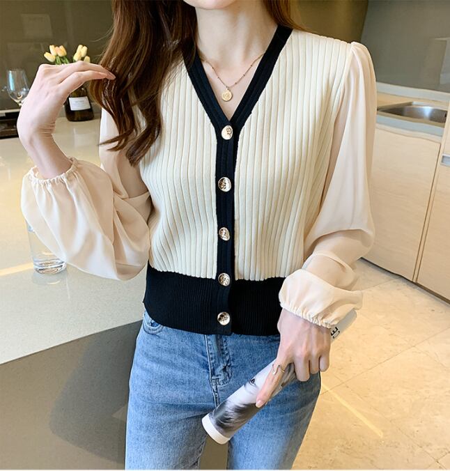 【outer】好感度UP!Vネック長袖秋韓国風カジュアル切り替えニットカーディガンW0775