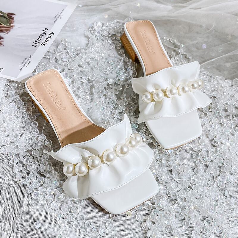 【shoes】美人度アップ3色スクエアトゥ履きやすい合わせやすいビーズ飾りスリッパサンダルF2754