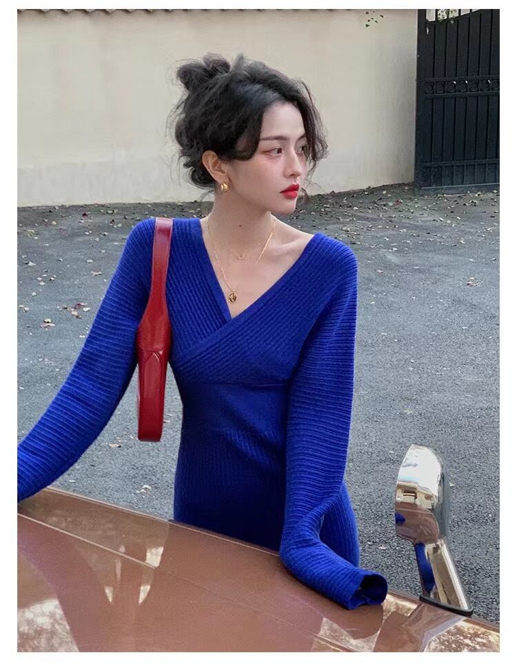 【dress】優しい雰囲気韓国風INS風Vネック長袖ウェスト絞り無地着やせニットワンピースF3383