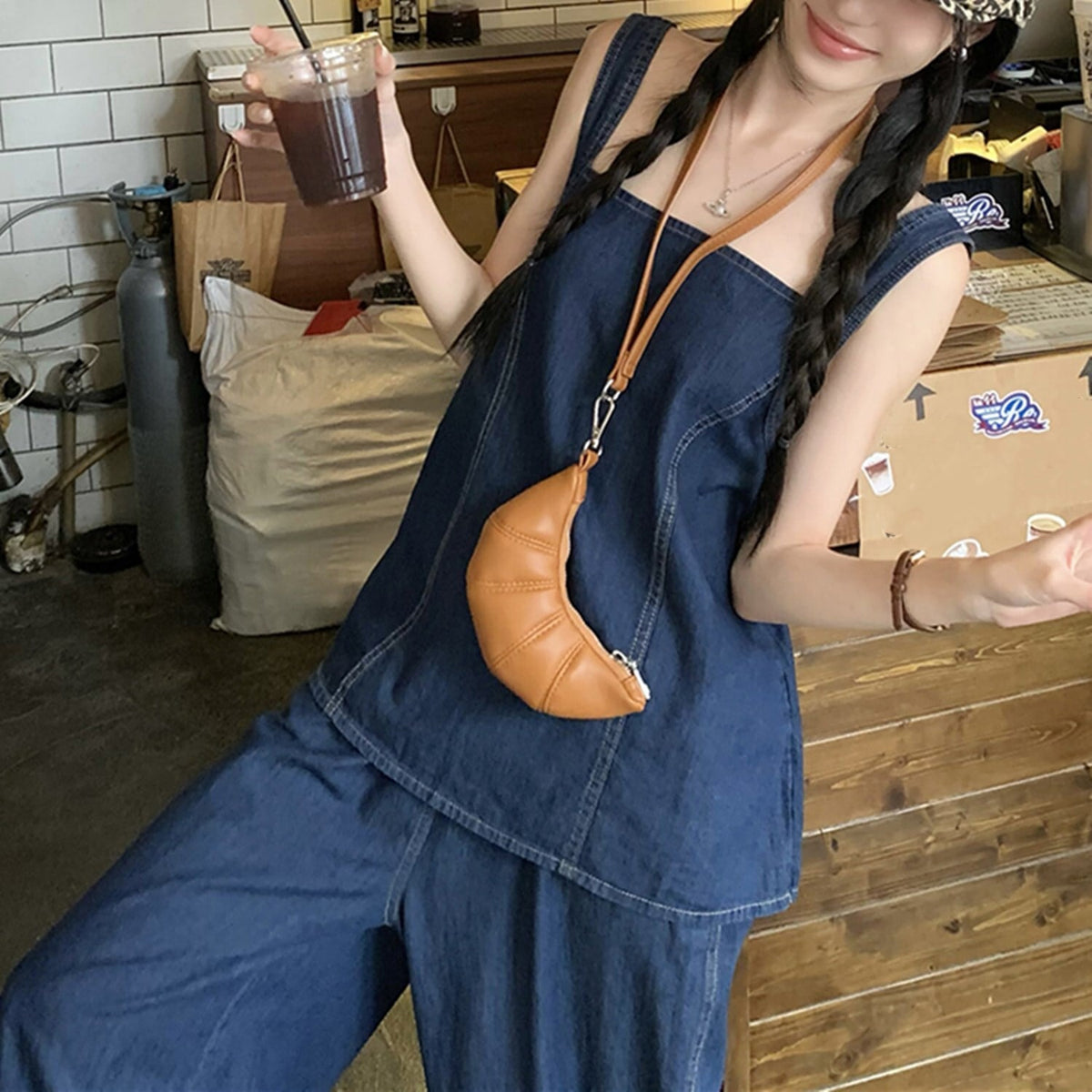【set】バックリボンデニムトップス×ワイドパンツセット N2682