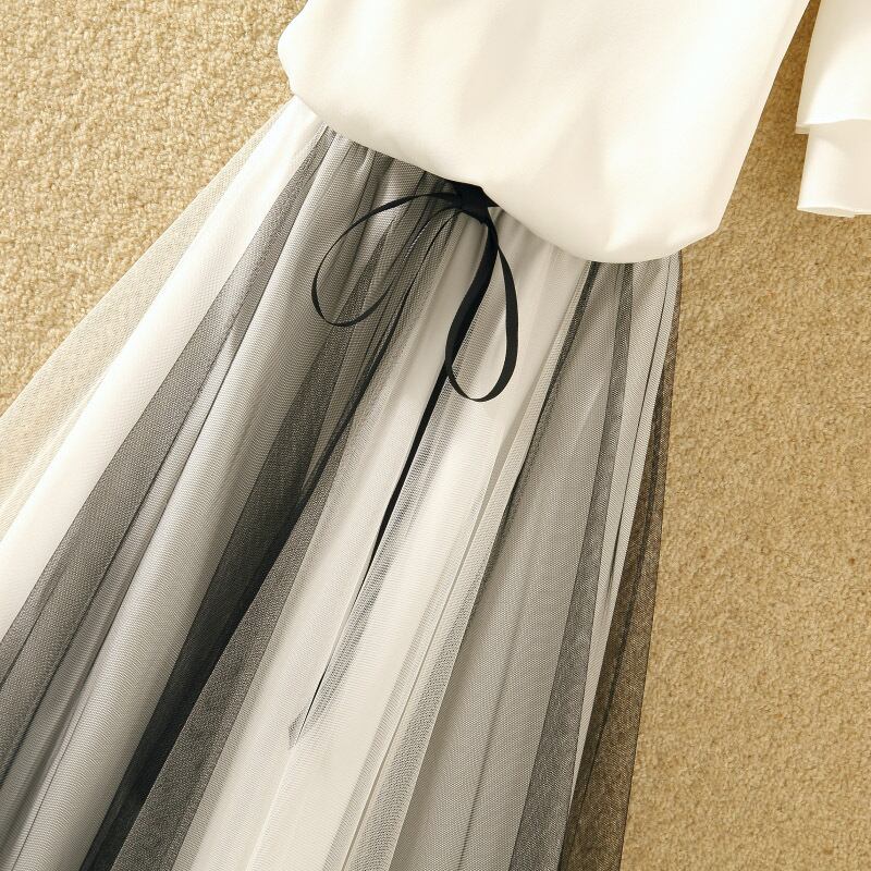 【set】好感度満載!オフショルダーブラウス+ハイウエスト切り替えメッシュキャミワンピース大人可愛いおしゃれセットアップF0049