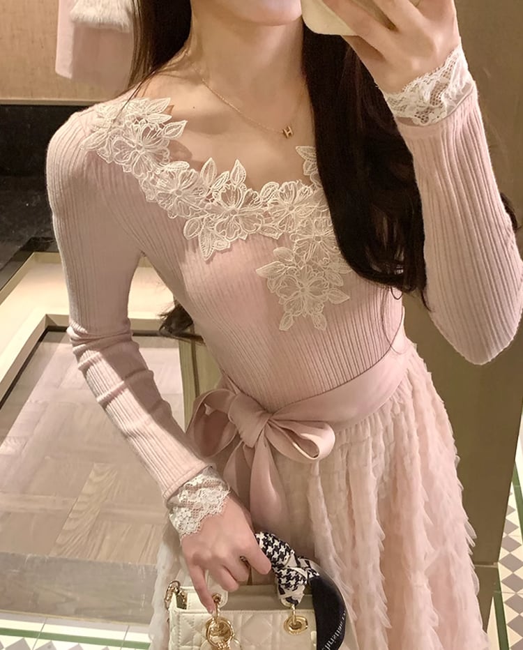 【dress】レース付きニットドッキングチュールワンピース Q7646