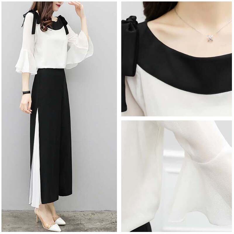 【set】韓国ファッション蝶々結びフレアスリーブブラウス+配色ガウチョパンツおしゃれセットアップ