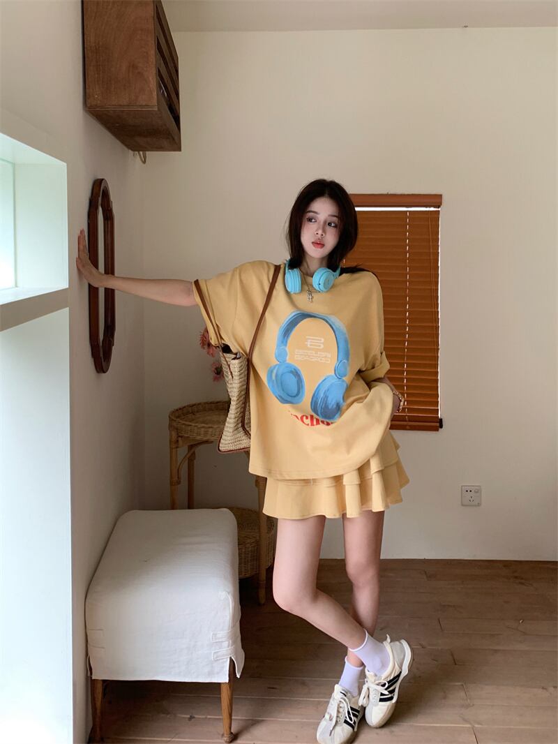 【set】ラウンドネックプリントTシャツ+スカート2点セットG21374