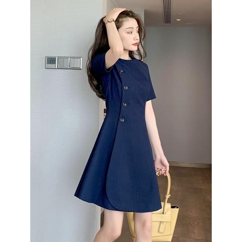 【dress】美感いっぱい夏新作ラウンドネック半袖無地人気AラインワンピースF5337