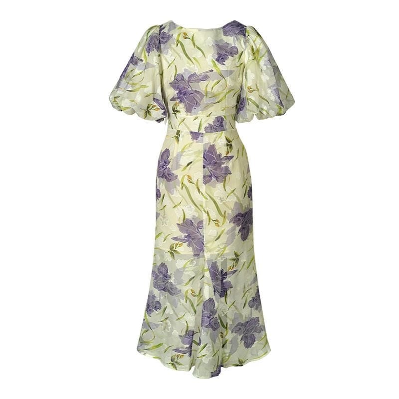 【dress】オシャレ度満点〜OL通勤夏新作ラウンドネック半袖パフ袖花柄配色ワンピースF5441