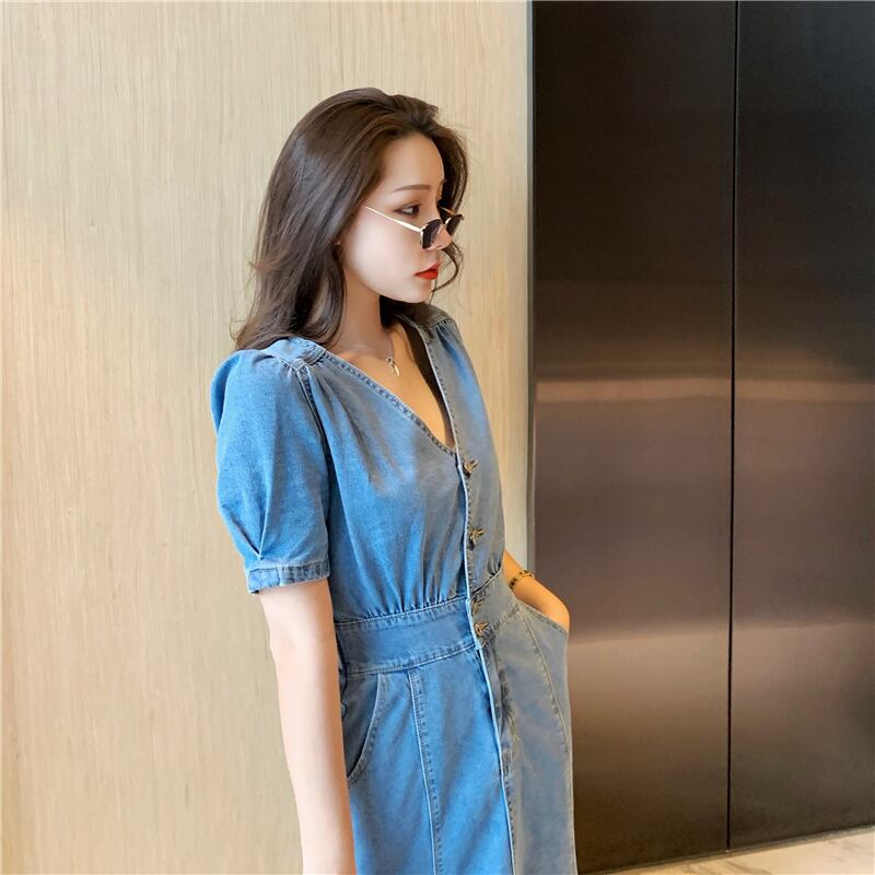 【dress】パフスリーブ気質満点レトロスウィート着痩せデニムワンピースF0059