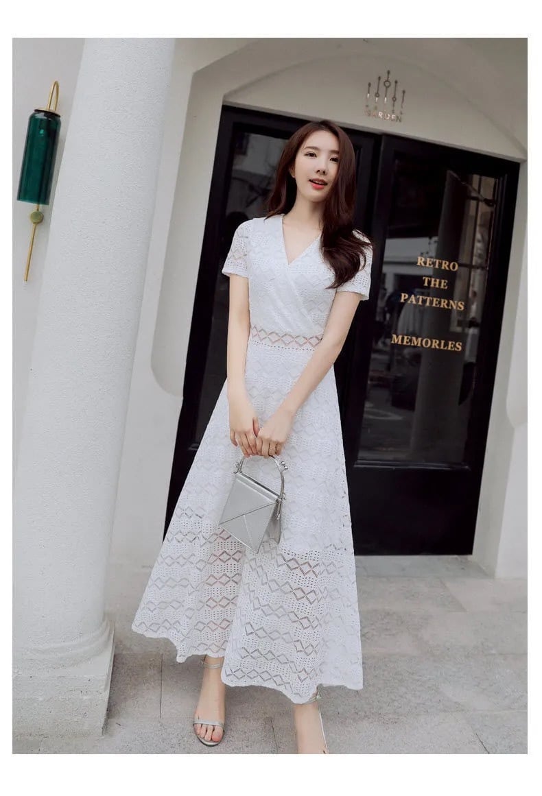【dress】今季トレンドレース着痩せハイウエストAライン透かし彫り無地ワンピースF0117