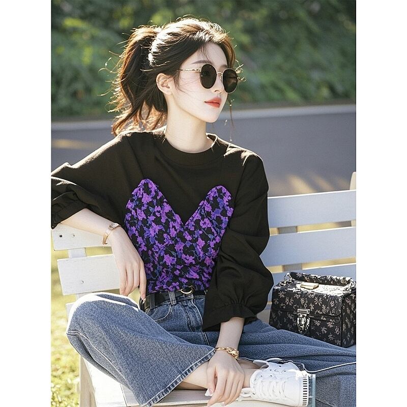【tops】花柄ドッキングトップス M29398