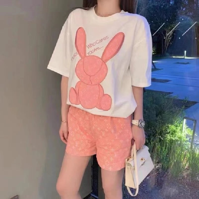 【set】2色動物柄Tシャツ+ショートパンツ2点セットF7702